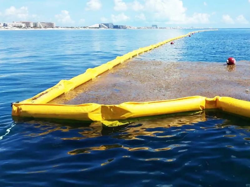 Durable marine-grade silt curtain fabric with flotation collar close-up